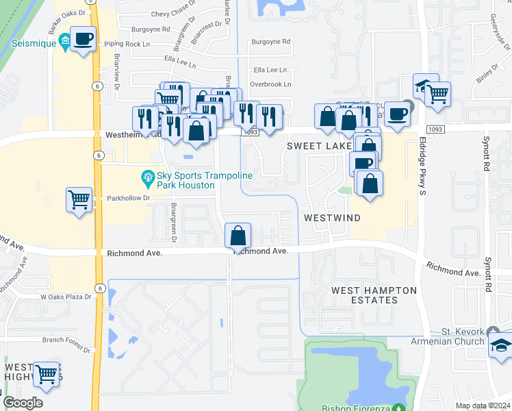 map of restaurants, bars, coffee shops, grocery stores, and more near 13842 Hollowgreen Drive in Houston