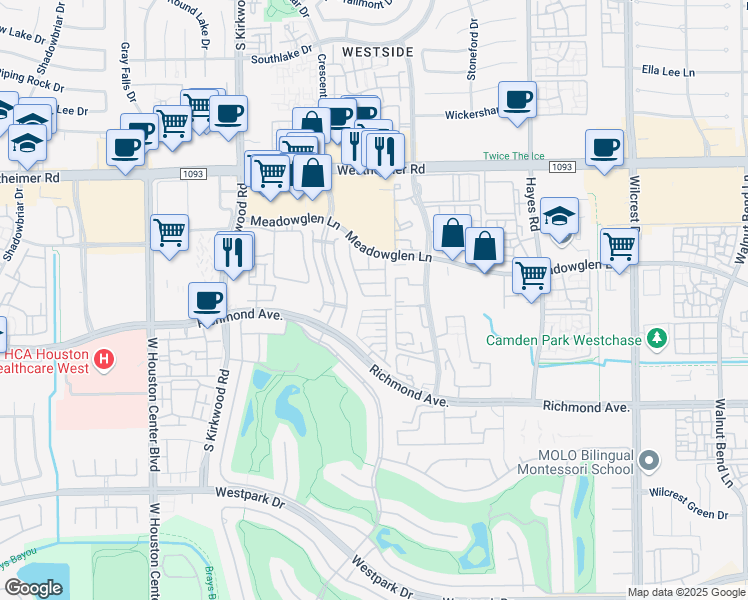 map of restaurants, bars, coffee shops, grocery stores, and more near 11635 Royal Oaks View in Houston