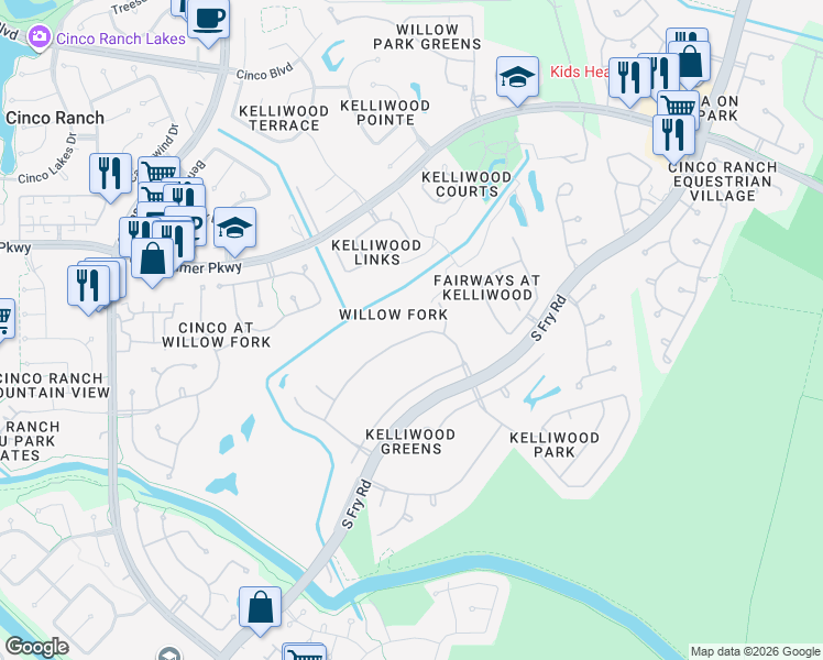 map of restaurants, bars, coffee shops, grocery stores, and more near 21211 Lochmere Lane in Katy