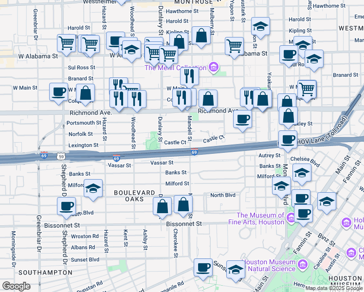 map of restaurants, bars, coffee shops, grocery stores, and more near 1609 Castle Court in Houston