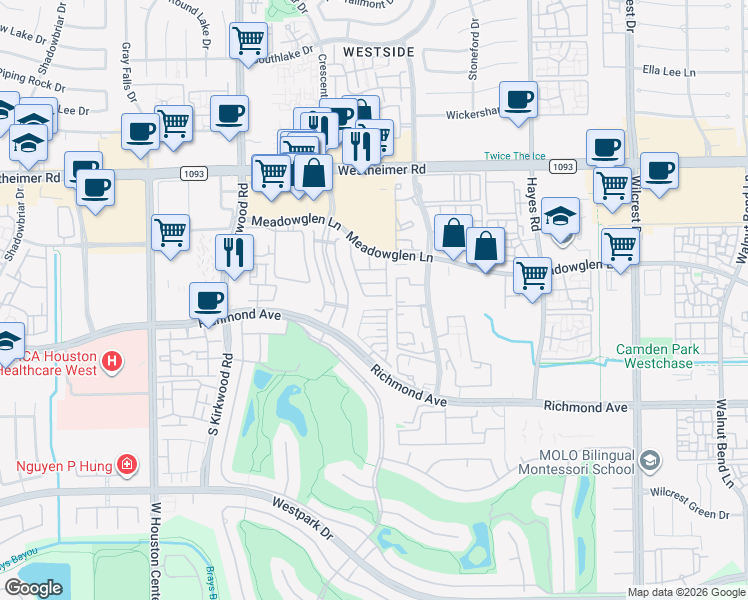 map of restaurants, bars, coffee shops, grocery stores, and more near 11635 Royal Oaks View in Houston