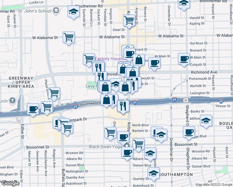 map of restaurants, bars, coffee shops, grocery stores, and more near 2712 Southwest Freeway in Houston