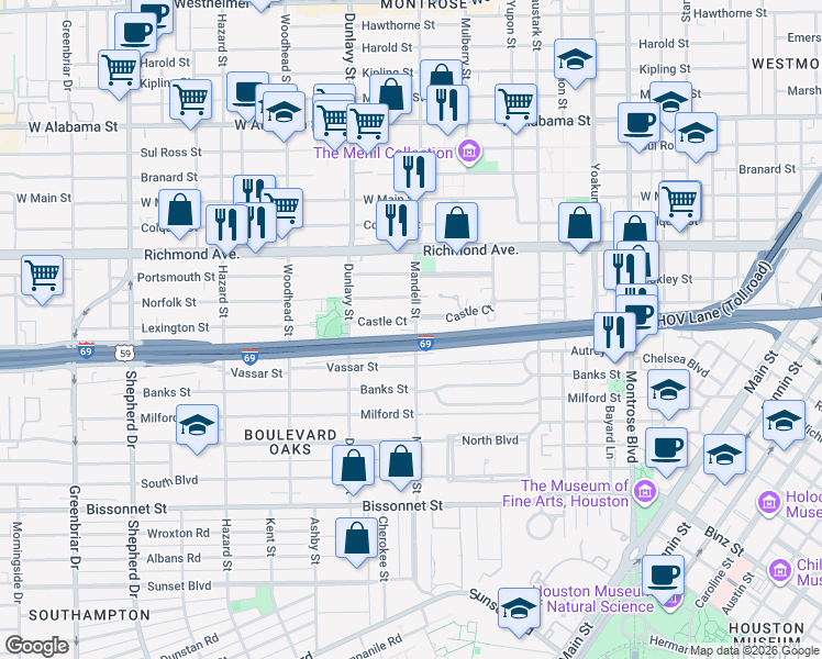 map of restaurants, bars, coffee shops, grocery stores, and more near 1609 Castle Court in Houston