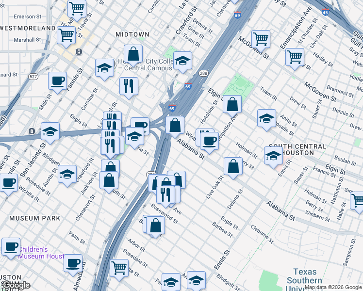 map of restaurants, bars, coffee shops, grocery stores, and more near 2120 Alabama Street in Houston