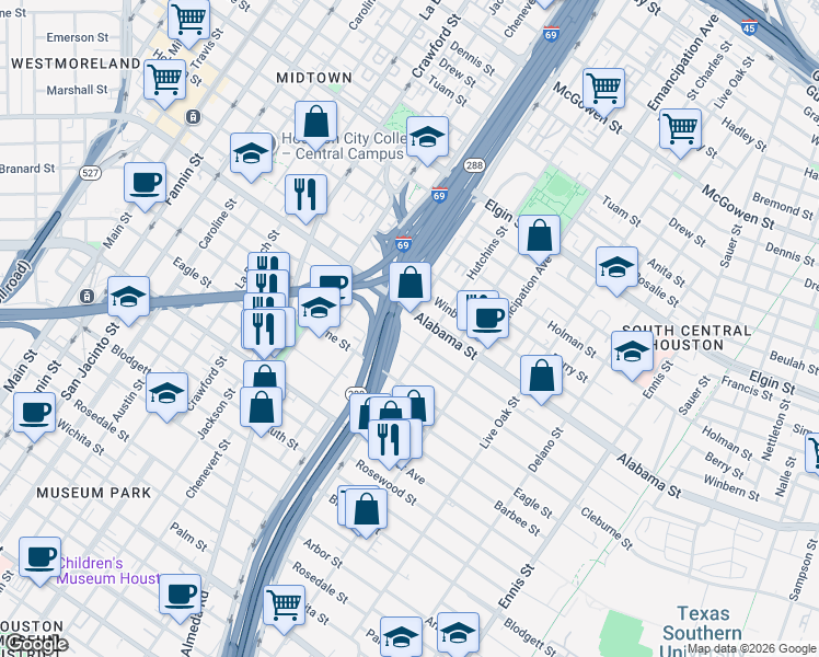 map of restaurants, bars, coffee shops, grocery stores, and more near 2120 Alabama Street in Houston