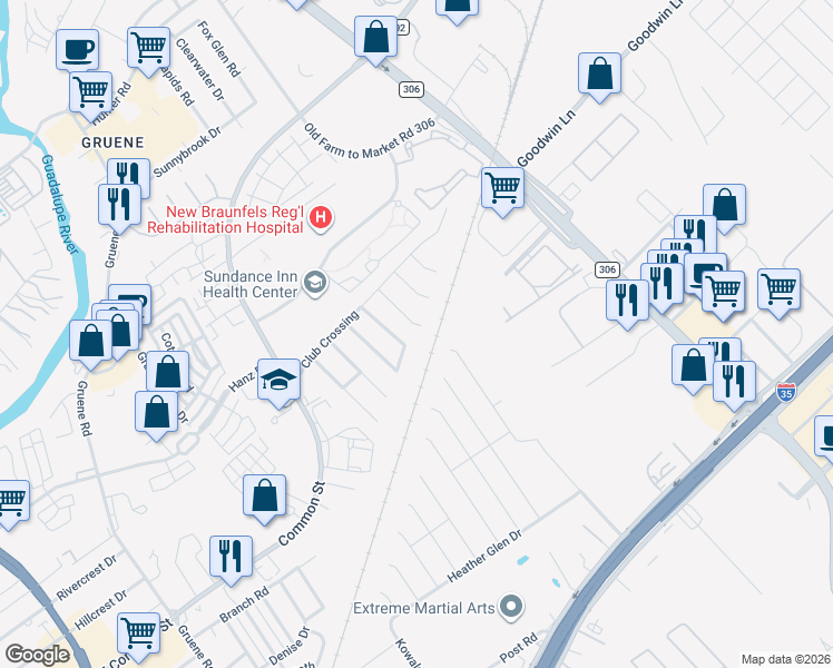 map of restaurants, bars, coffee shops, grocery stores, and more near 847 Spyglass Drive in New Braunfels