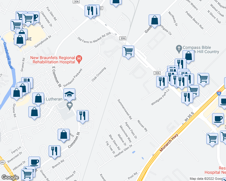 map of restaurants, bars, coffee shops, grocery stores, and more near 847 Spyglass Drive in New Braunfels