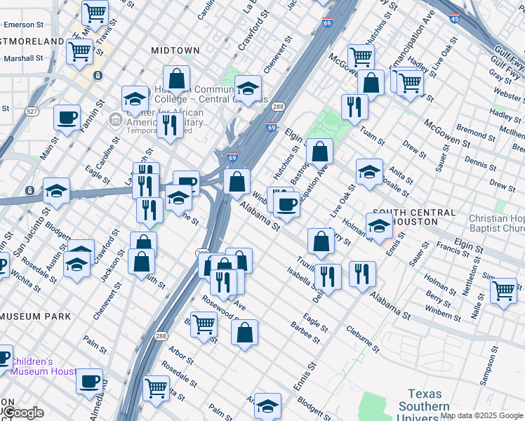 map of restaurants, bars, coffee shops, grocery stores, and more near 3705 Bastrop Street in Houston