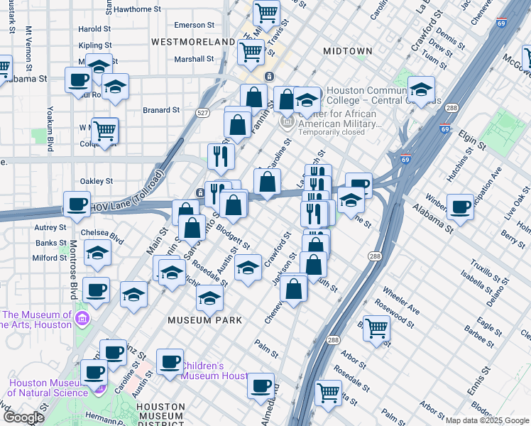 map of restaurants, bars, coffee shops, grocery stores, and more near 4402 La Branch Street in Houston