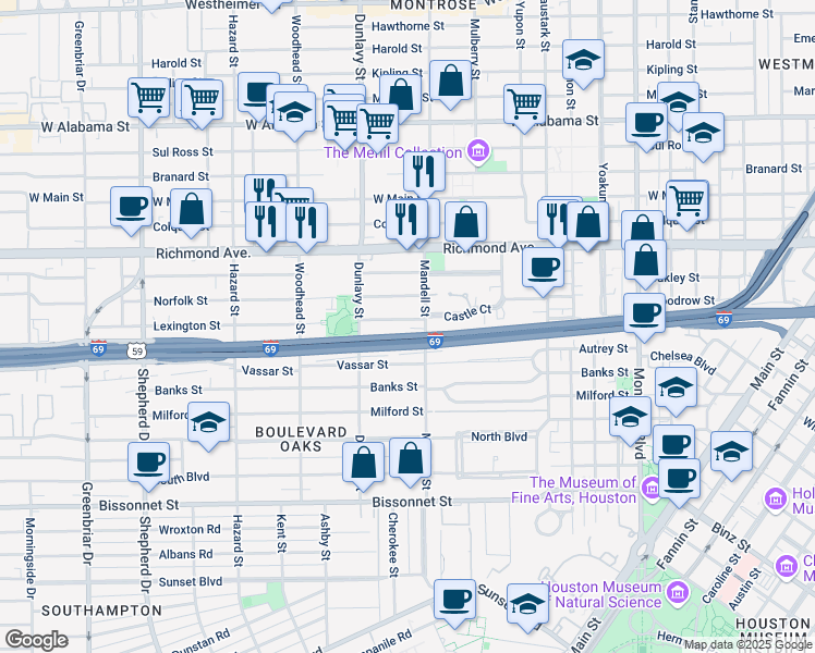 map of restaurants, bars, coffee shops, grocery stores, and more near 1609 Castle Court in Houston