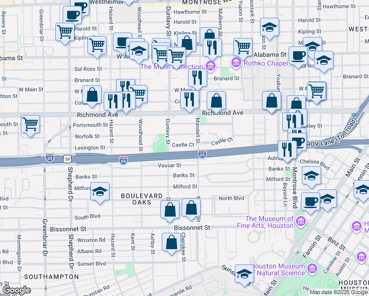 map of restaurants, bars, coffee shops, grocery stores, and more near 1609 Castle Court in Houston