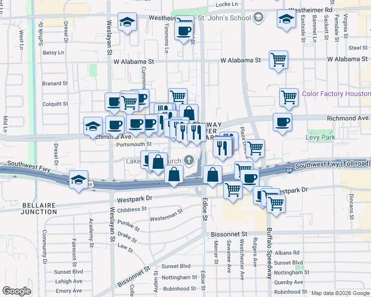 map of restaurants, bars, coffee shops, grocery stores, and more near 3701 Portsmouth Street in Houston