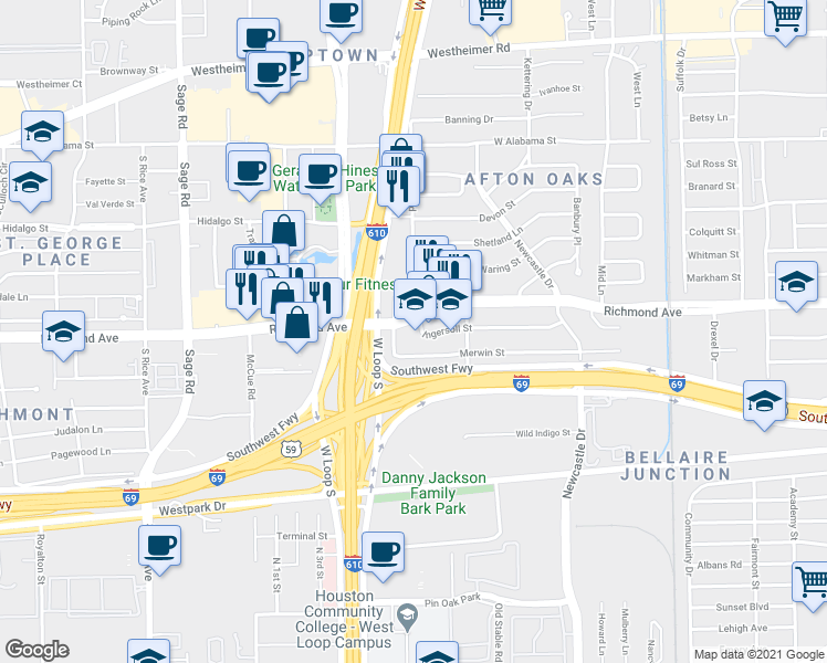 map of restaurants, bars, coffee shops, grocery stores, and more near 4822 Merwin Street in Houston