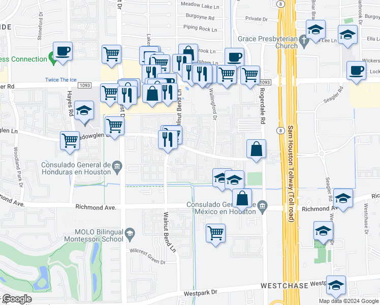 map of restaurants, bars, coffee shops, grocery stores, and more near 10855 Meadowglen Lane in Houston