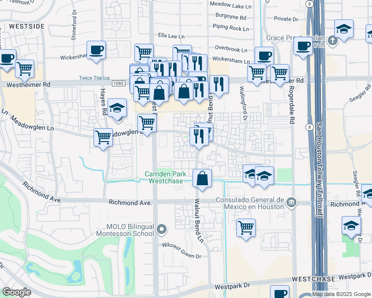 map of restaurants, bars, coffee shops, grocery stores, and more near 10901 Meadowglen Lane in Houston