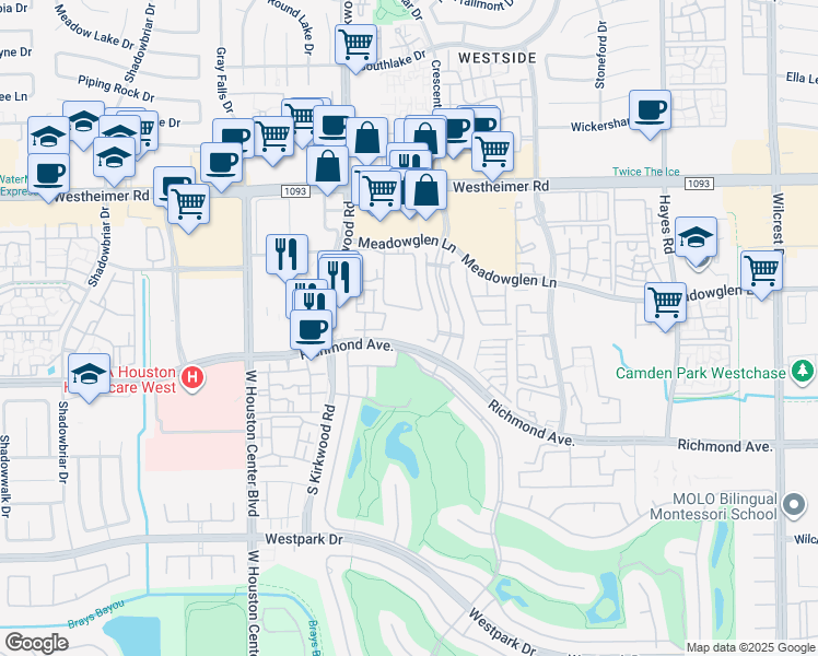 map of restaurants, bars, coffee shops, grocery stores, and more near 11910 Richmond Avenue in Houston