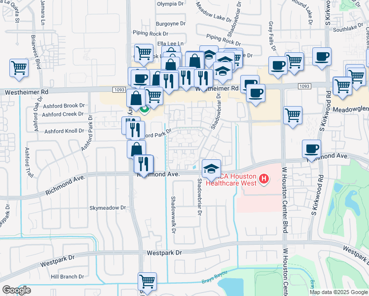 map of restaurants, bars, coffee shops, grocery stores, and more near 3030 Shadowbriar Drive in Houston