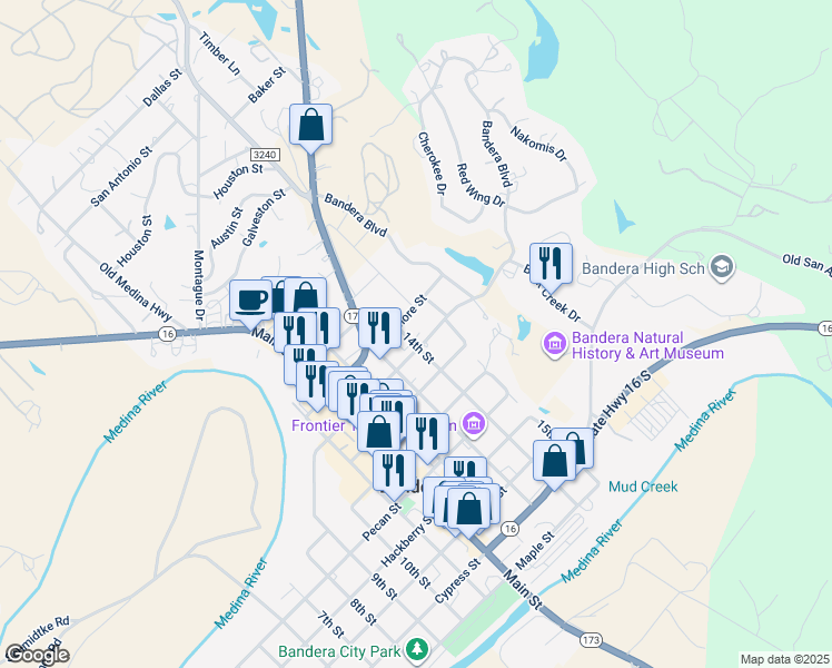 map of restaurants, bars, coffee shops, grocery stores, and more near 899 Highland Drive in Bandera