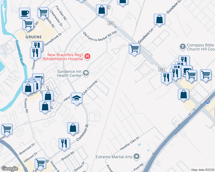 map of restaurants, bars, coffee shops, grocery stores, and more near 841 Lincolnshire Drive in New Braunfels