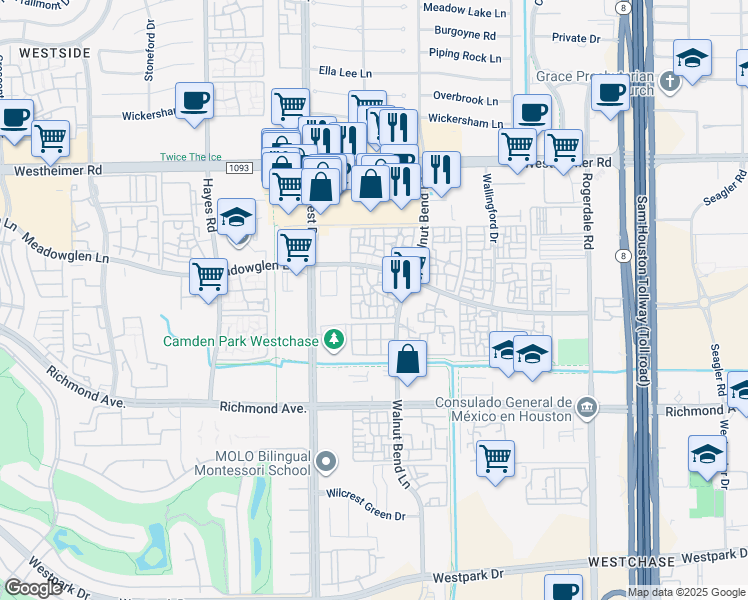 map of restaurants, bars, coffee shops, grocery stores, and more near 10901 Meadowglen Lane in Houston
