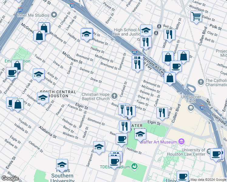 map of restaurants, bars, coffee shops, grocery stores, and more near 3410 Drew Street in Houston