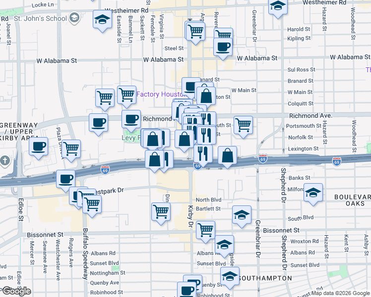map of restaurants, bars, coffee shops, grocery stores, and more near 3930 Kirby Drive in Houston