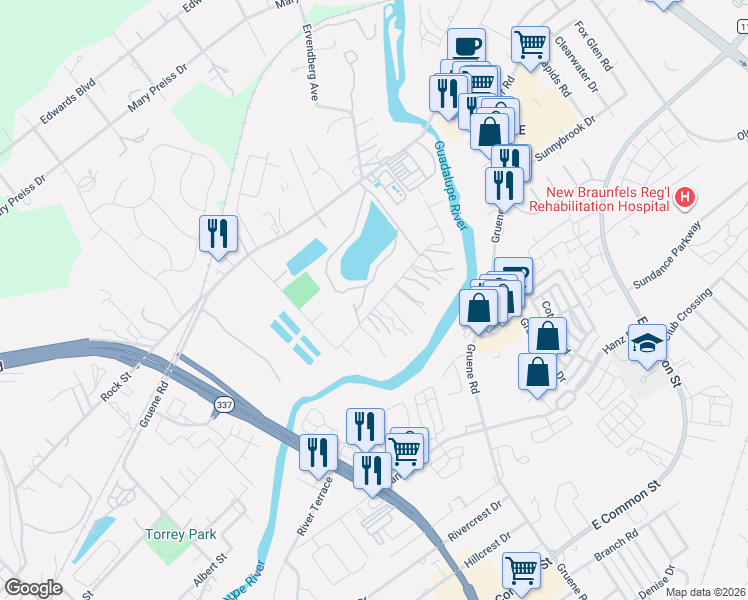 map of restaurants, bars, coffee shops, grocery stores, and more near 1239 Sleepy Hollow Lane in New Braunfels