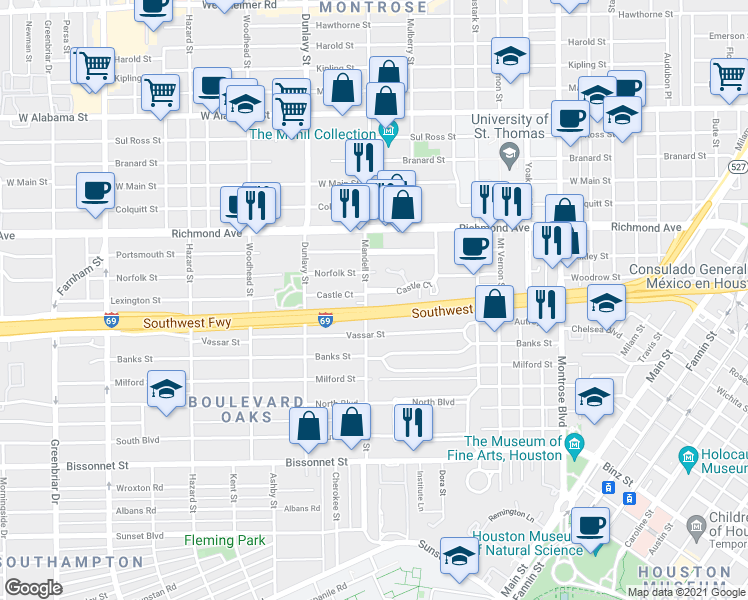 map of restaurants, bars, coffee shops, grocery stores, and more near 1565 Castle Court in Houston