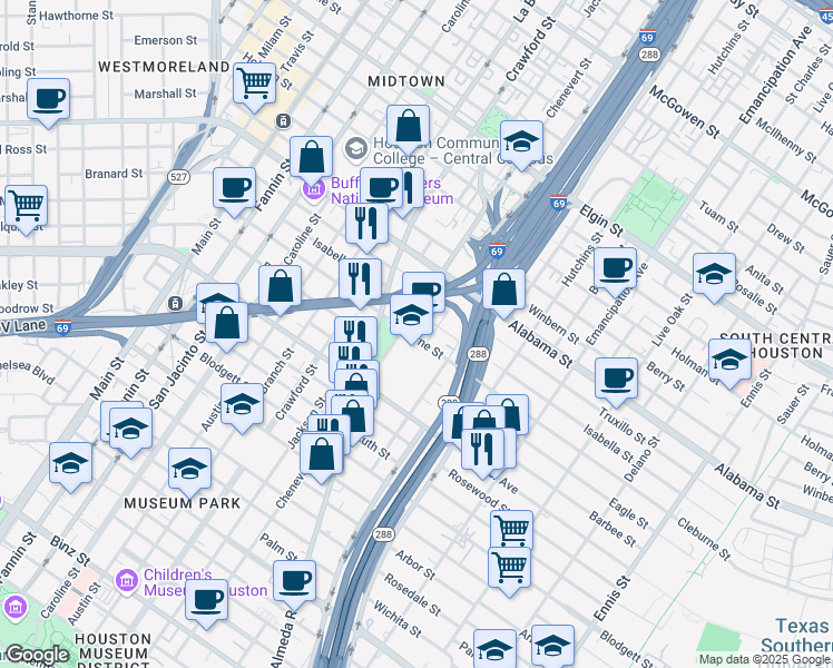 map of restaurants, bars, coffee shops, grocery stores, and more near 1809 Cleburne Street in Houston