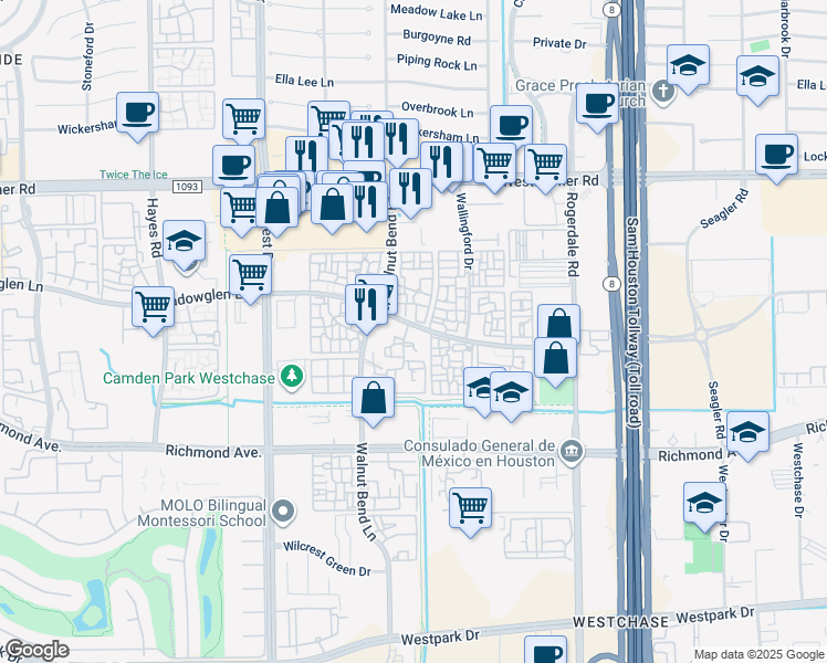 map of restaurants, bars, coffee shops, grocery stores, and more near 10855 Meadowglen Lane in Houston