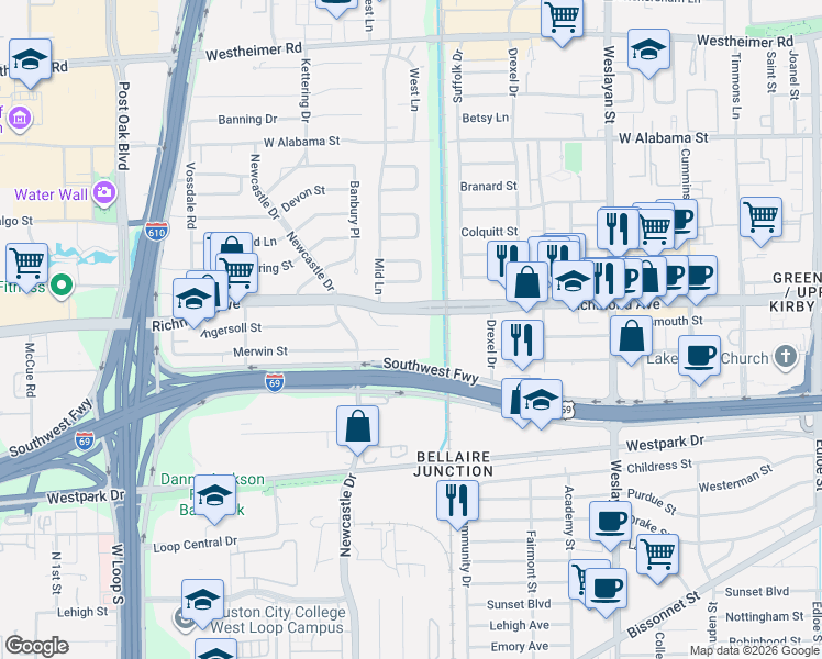 map of restaurants, bars, coffee shops, grocery stores, and more near 4323 Richmond Avenue in Houston