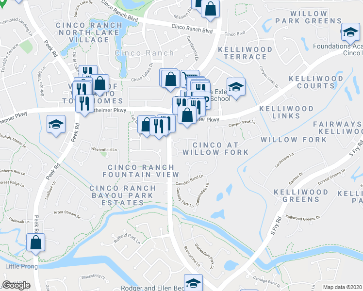 map of restaurants, bars, coffee shops, grocery stores, and more near 3903 South Mason Road in Katy