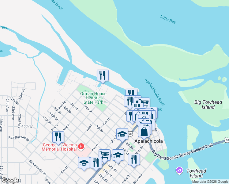 map of restaurants, bars, coffee shops, grocery stores, and more near 329 Water Street in Apalachicola