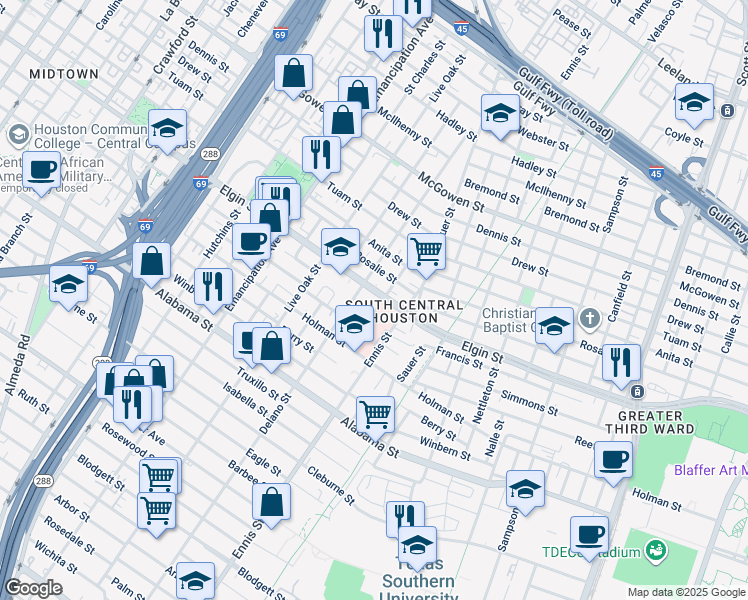 map of restaurants, bars, coffee shops, grocery stores, and more near 3204 Paige Street in Houston