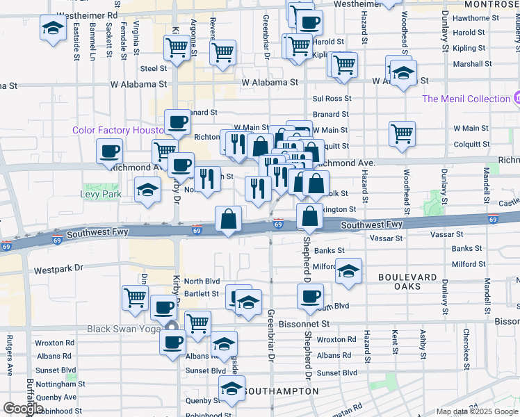 map of restaurants, bars, coffee shops, grocery stores, and more near 2200 Southwest Freeway in Houston