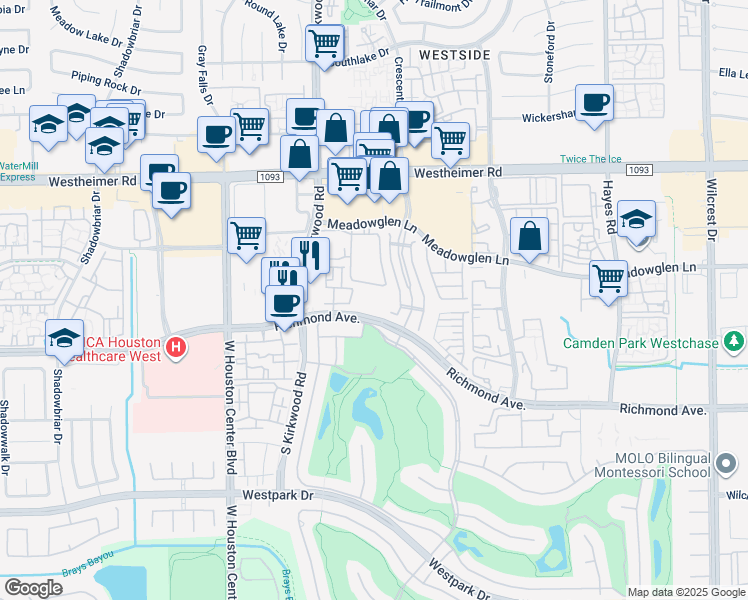 map of restaurants, bars, coffee shops, grocery stores, and more near 11910 Richmond Avenue in Houston