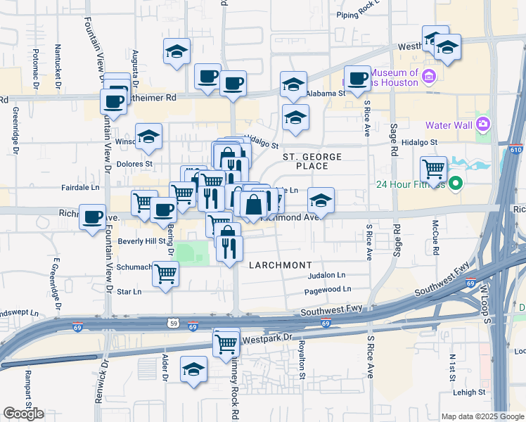 map of restaurants, bars, coffee shops, grocery stores, and more near 5520 Richmond Avenue in Houston