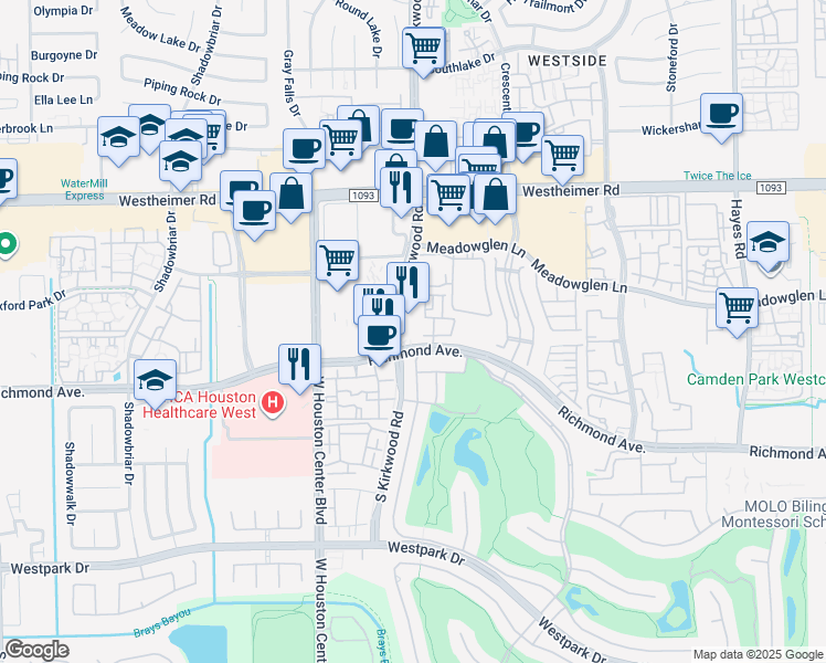 map of restaurants, bars, coffee shops, grocery stores, and more near 11994 Richmond Avenue in Houston