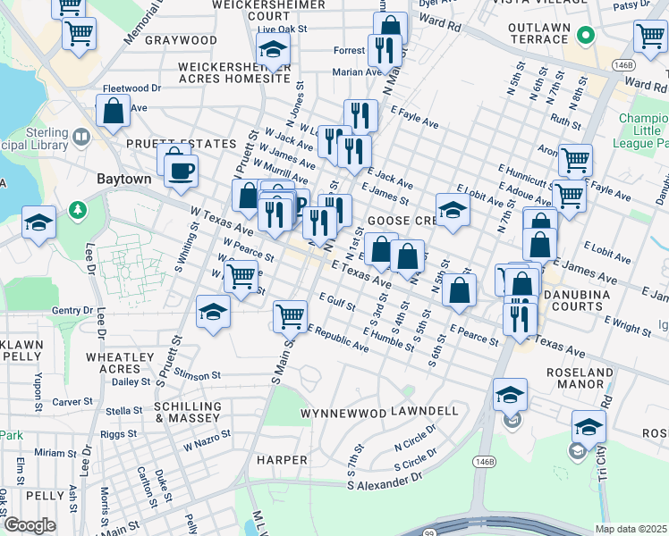 map of restaurants, bars, coffee shops, grocery stores, and more near 108 South Main Street in Baytown