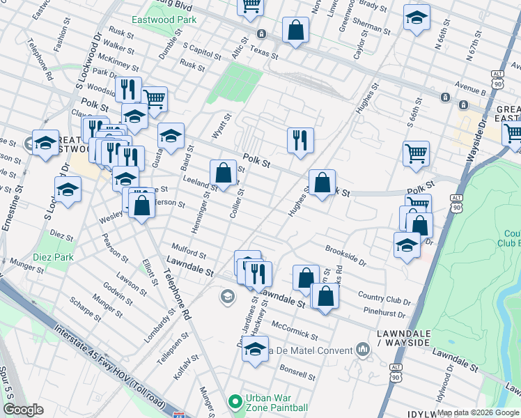 map of restaurants, bars, coffee shops, grocery stores, and more near 5337 Pease Street in Houston