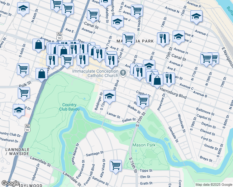 map of restaurants, bars, coffee shops, grocery stores, and more near 7302 Rusk Street in Houston