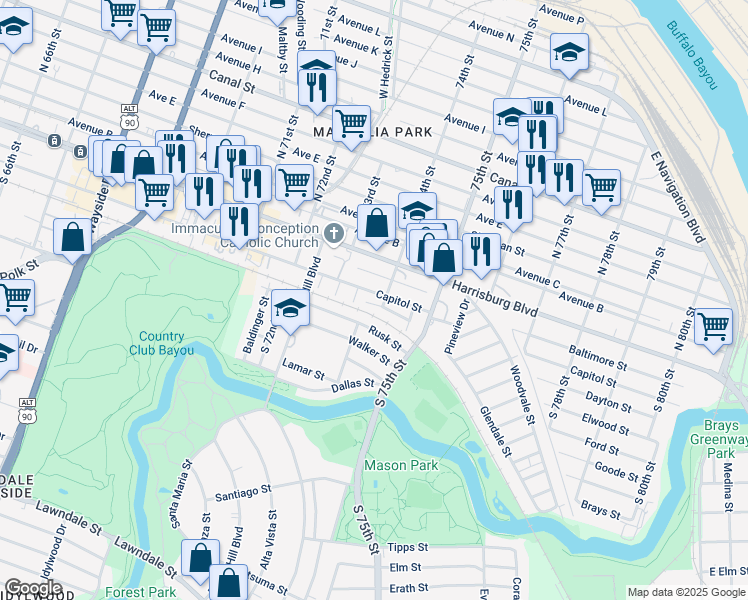 map of restaurants, bars, coffee shops, grocery stores, and more near 7328 Holtcamp Street in Houston