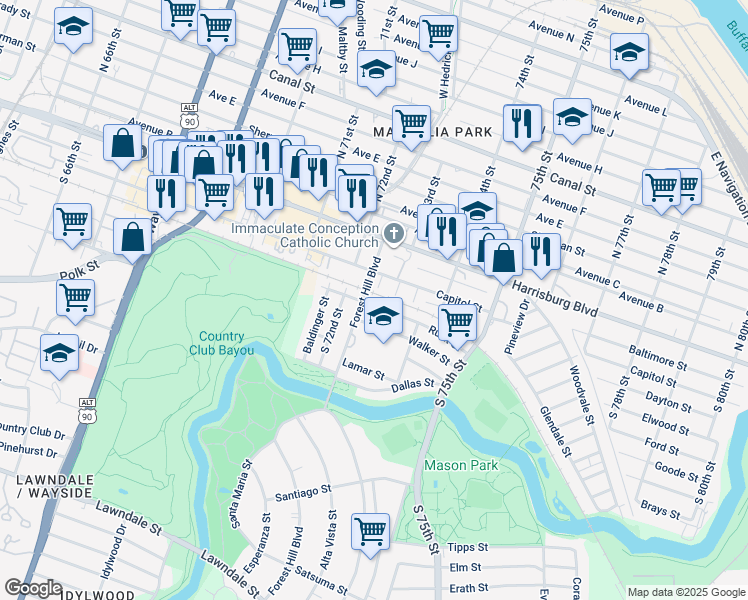 map of restaurants, bars, coffee shops, grocery stores, and more near 7302 Rusk Street in Houston