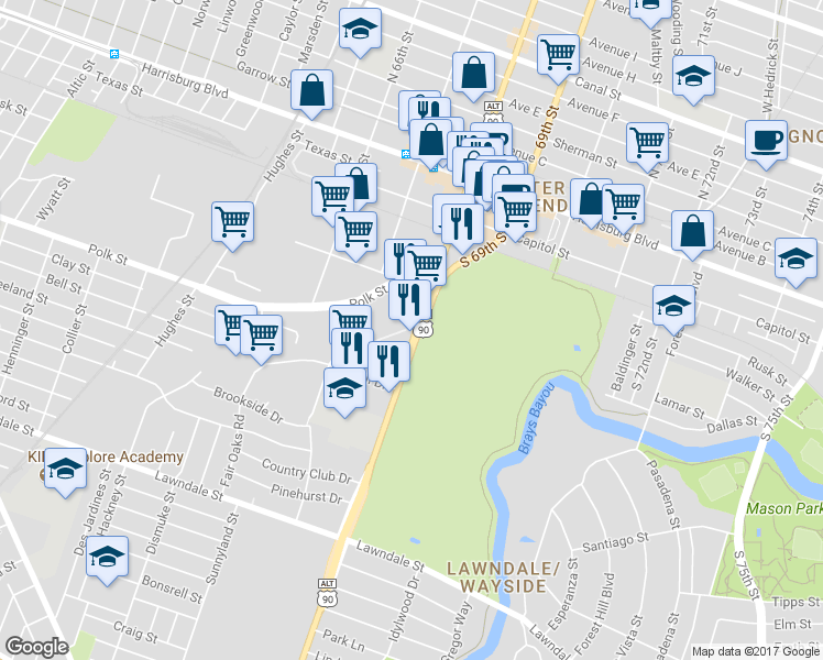 map of restaurants, bars, coffee shops, grocery stores, and more near 708 South Wayside Drive in Houston