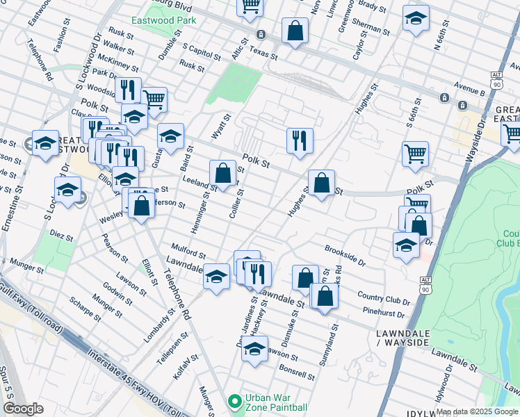 map of restaurants, bars, coffee shops, grocery stores, and more near 5337 Pease Street in Houston