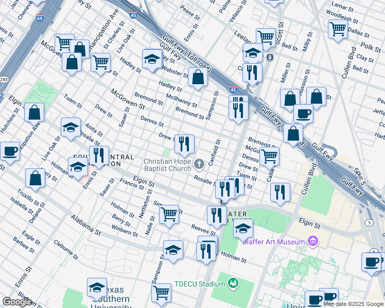 map of restaurants, bars, coffee shops, grocery stores, and more near 3410 Drew Street in Houston