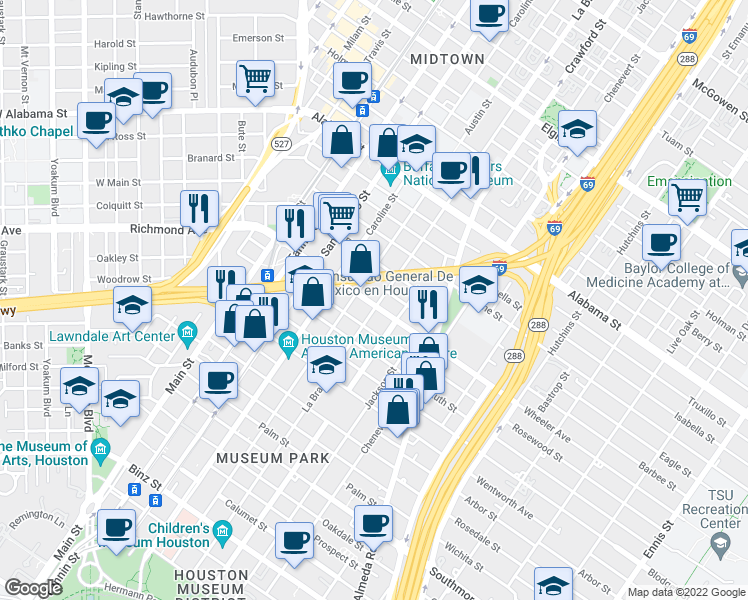 map of restaurants, bars, coffee shops, grocery stores, and more near 4402 La Branch Street in Houston