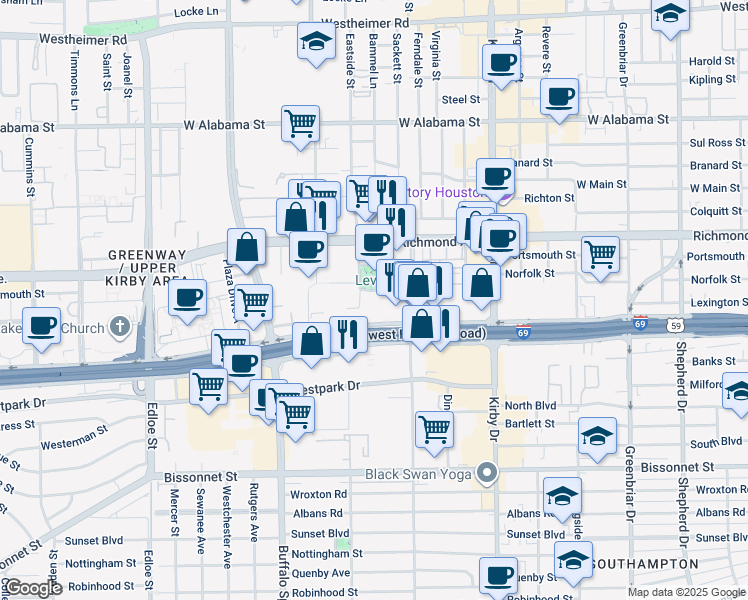 map of restaurants, bars, coffee shops, grocery stores, and more near 3000 Southwest Freeway in Houston
