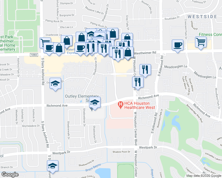 map of restaurants, bars, coffee shops, grocery stores, and more near 12360 Richmond Avenue in Houston