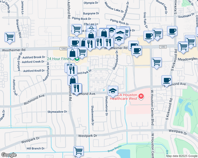 map of restaurants, bars, coffee shops, grocery stores, and more near 3030 Shadowbriar Drive in Houston